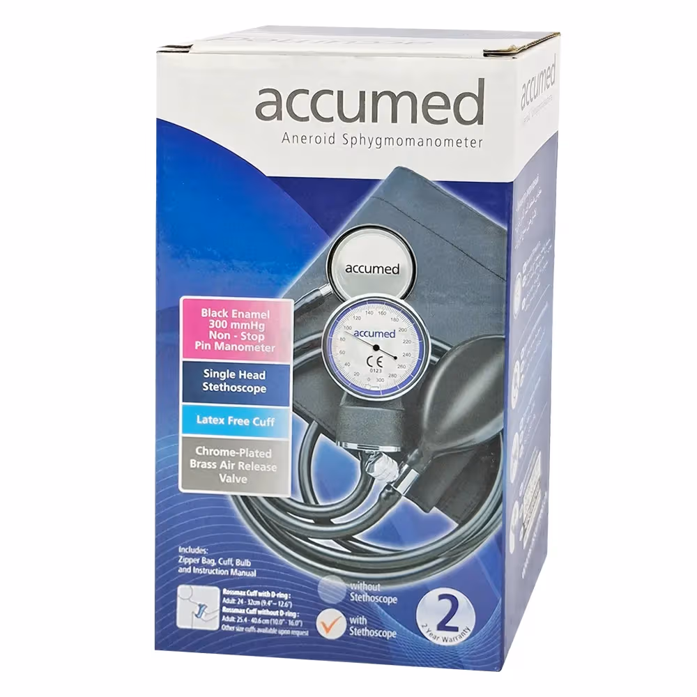 Aneroid sphygmomanometer (manual BP monitor) Measurement range: 0–300 mmHg High-visibility black enamel dial gauge Latex-free cuff for safe patient use Chrome-plated brass air release valve Single-head stethoscope (optional) Durable, professional-grade construction CE & ISO 13485 certified