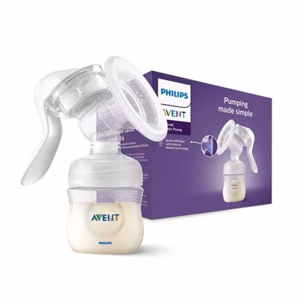 Faster Milk Flow with Natural Motion Technology The Philips Avent Manual Breast Pump (SCF430/01) is inspired by the unique combination of a baby's natural suction and massage. This "Natural Motion" technology gently stimulates the nipple to trigger a fast milk let-down. It is designed to help you express comfortably, whether you are at home or traveling. Key Features: Natural Motion Technology: The innovative silicone flange mimics a baby’s tongue and suckling action, stimulating the breast for a quicker milk flow. Soft & Adaptive Silicone Cushion: One size fits all. The flexible silicone cushion gently collapses and adapts to fit 99.97% of nipple sizes (up to 30mm). Portable & Discreet: Lightweight and compact, this pump is easy to store and carry in your bag, allowing for quiet and discreet expression anywhere. Easy to Clean & Assemble: With only a few parts, the pump is easy to put together and take apart for thorough cleaning. All parts (except the motor/electrical parts of other models) are dishwasher safe. Control Your Rhythm: As a manual pump, it allows you to control the suction and pumping rhythm to match your comfort level perfectly. Express Without Leaning Forward: Designed to allow you to sit upright comfortably while you pump, rather than having to lean forward to ensure milk ends up in the bottle. What’s in the Box: 1 x Expression kit with handle 1 x 4oz/125ml Natural Response Bottle 1 x 0m+ Natural Response Nipple 1 x Travel Cover 1 x Sealing Disc 2 x Disposable Breast Pads Product Specifications: Brand: Philips Avent Model: SCF430/01 Material: BPA-Free (Bottle and Pump) Type: Manual / One-hand operation